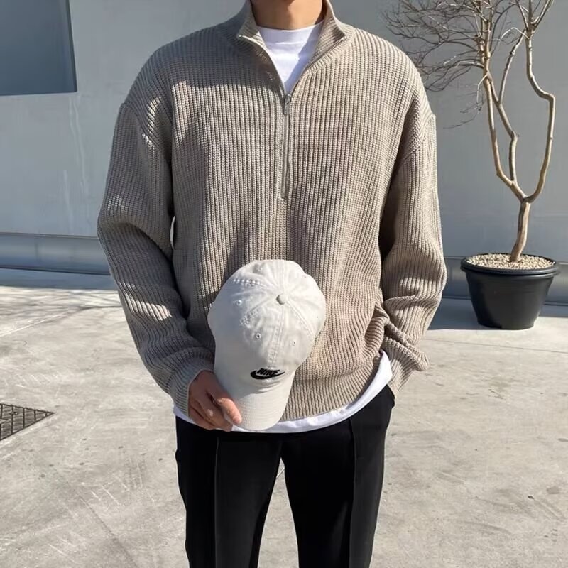 工厂直销半高领拉链针织衫男美式复古宽松落肩长袖慵懒风套头毛衣|undefined