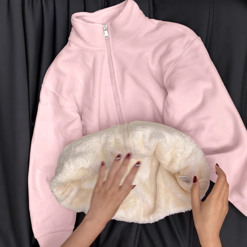 Pink Fleece Thick Coat for Women 2026 New Autumn and Winter Style, Fleece-Lined Lamb Wool Sweatshirt, Warm Inner Layer for Outdoor Jackets