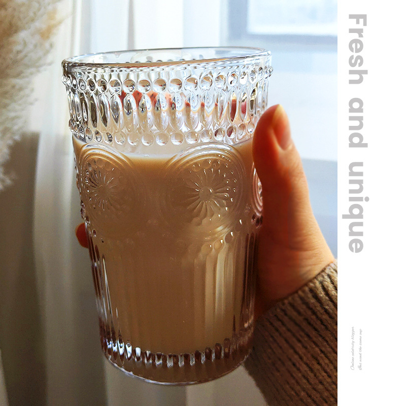 Nordic Retro Glass Cup with Golden Sunflower Design Set, Glass Relief Cup, Milk Tea Manufacturer