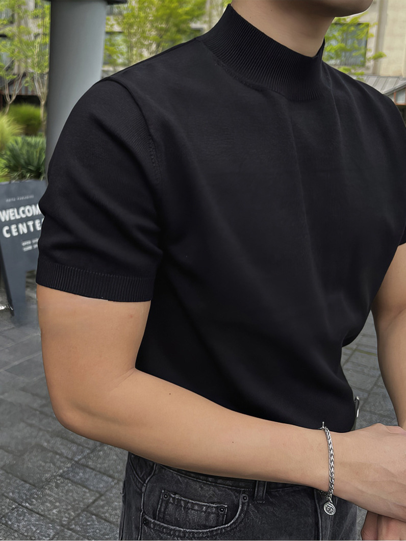 블랙 하프 터틀넥 터틀넥 니트 티셔츠 남성용 아메리칸 스타일 남성용 반팔 스웨터 트렌디 슬림핏 베이스 반소매 셔츠