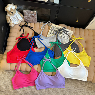 Solid Color Sexy Strap Hanging Neck Beauty Back Braced Chest Pad Breathable All-match Hot Girl Chest Wrap Tube Top Outer Wear Short Top