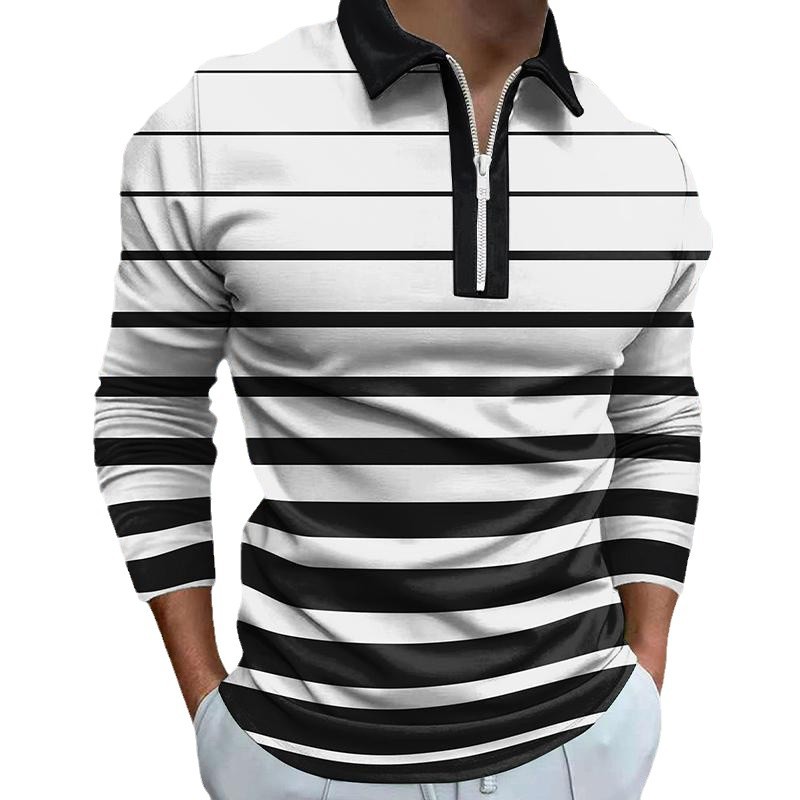 Camisa POLO de solapa de hombre básica simple con estampado digital, camisa delgada de manga larga con cremallera MB14