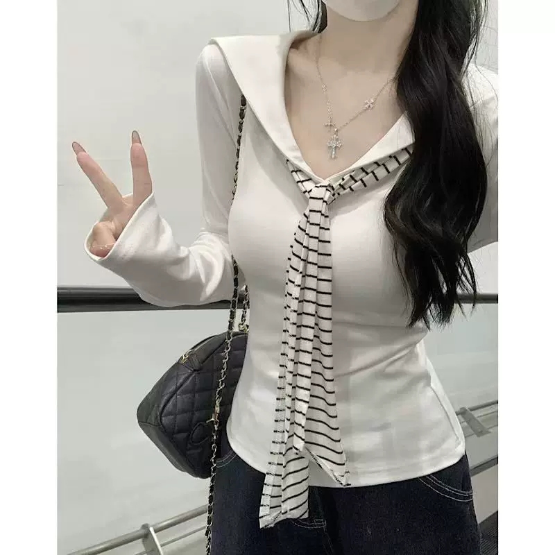 甜美学院风V领披肩长袖T恤女早秋2025新款减龄小众修身显瘦上衣潮