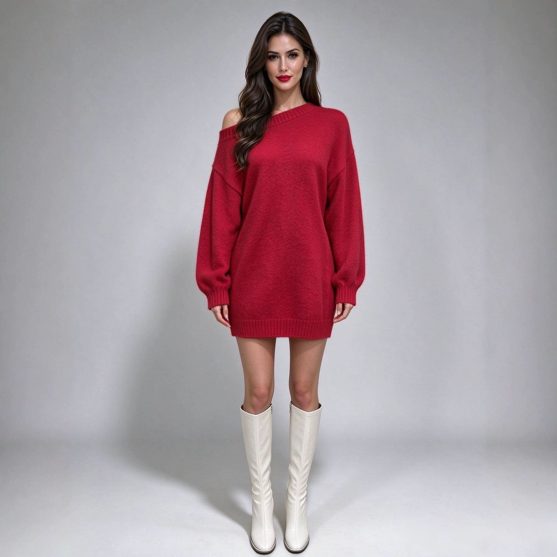 2026 Autumn/Winter Lazy Style Mohair Sweater for Women, Off-Shoulder Lantern Sleeve Loose Mid-Length Knit Top