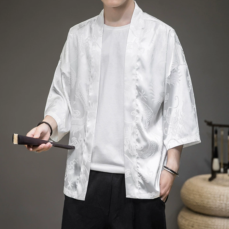 Летняя ультратонкая дышащая Солнцезащитная одежда из ледяного шелка в китайском стиле, Мужская свободная антикварная одежда с драконом Hanfu, мужской даосский халат, кардиган