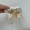 Long hair band from pearl with bow, silver needle with tassels, earrings