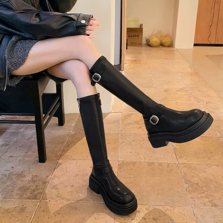 Коровья кожа версия! Черный сапоги с толстой подошвы женский 2024 новые осенние и зимние сапоги Mayard сапоги высокие сапоги рыцаря