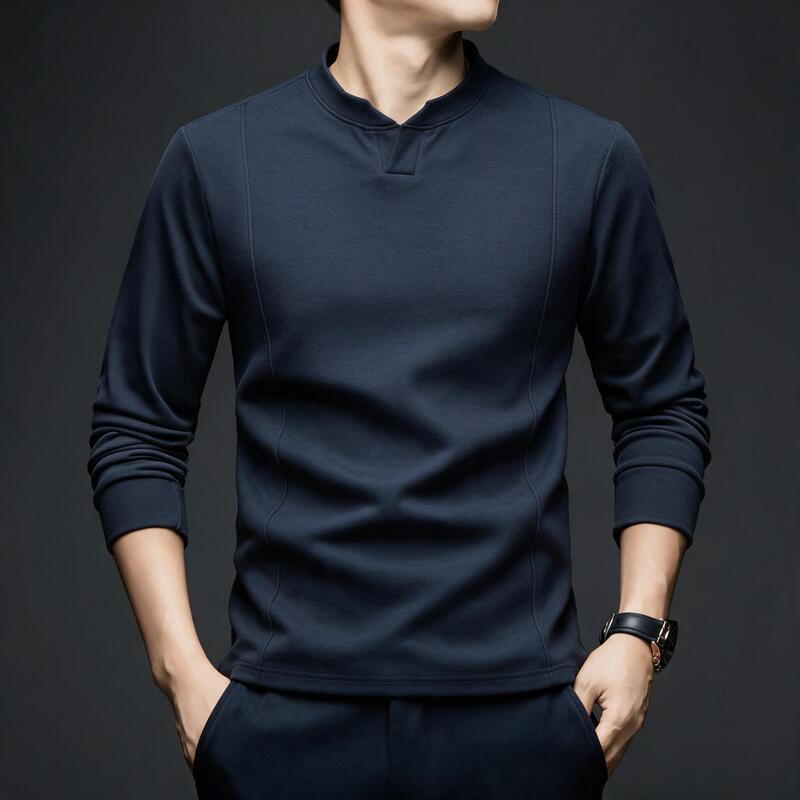 Wool and silk blend stand-up collar long-sleeve sweatshirt for men, new autumn and winter solid color simple casual versatile base shirt top