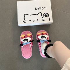卡通史迪仔条纹一字毛毛拖鞋秋冬时尚动漫休闲外穿防滑平底棉拖鞋
