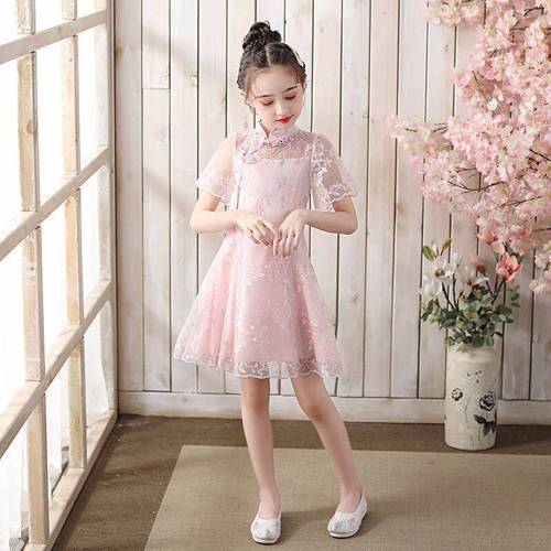 Girls pink lace Retro Cheongsam Dress qipao for baby kids children princess dress outfit hanfu guzheng model show performance hanfu fairy costumes girls