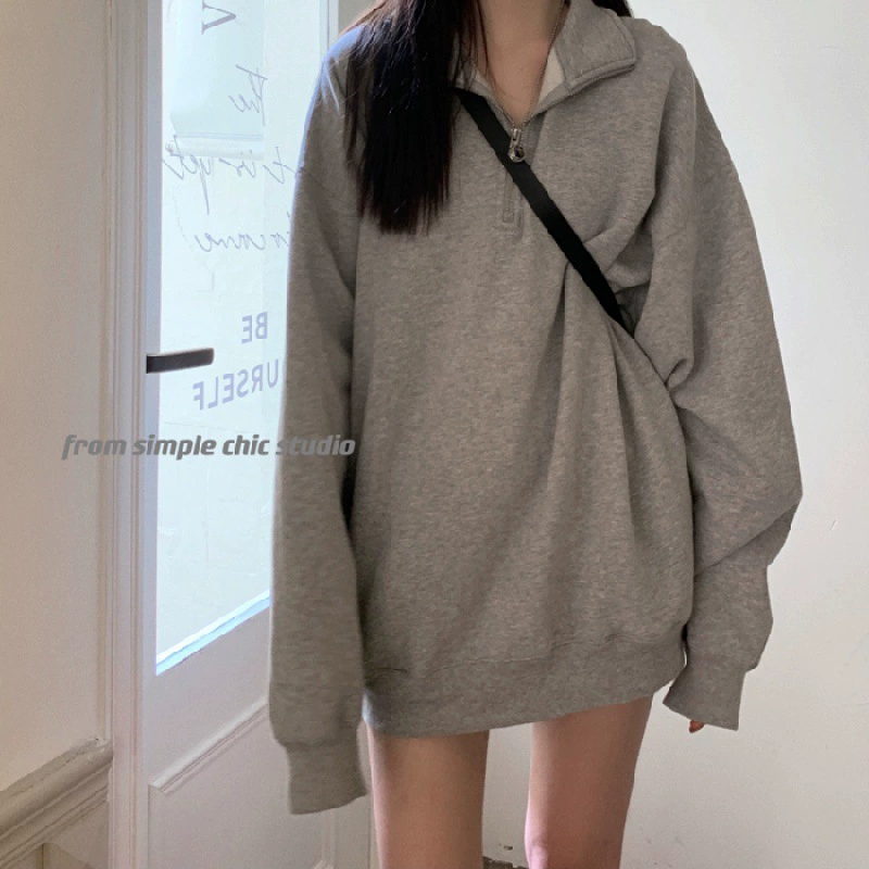Oversized Long-Sleeve Pullover Women's, Plus Size Loose Fit, Spring Gray