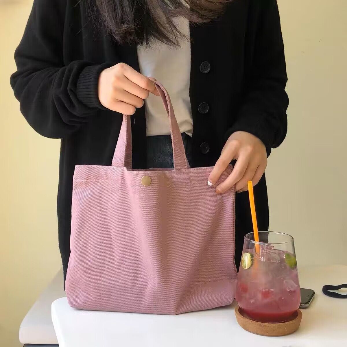 韩国ins迷你少女系百搭帆布包 简约纯色手提便当袋