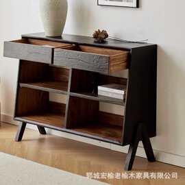 实木黑色边柜茶水柜橱柜玄关柜榆木餐边柜中古风客厅柜子