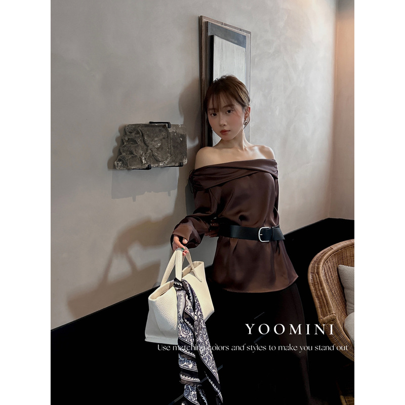 YOOMINI-光拂肩气质高雅长袖2025初秋上新衬衫(配腰带)M16591-SW|undefined
