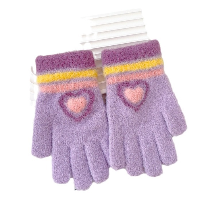 Nuevos guantes cálidos para niñas a rayas de amor a prueba de frío y engrosamiento en invierno, los niños tejen en bicicleta para jugar con la nieve y escribir cinco dedos
