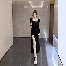性感辣妹开叉修身长袖连衣裙女装春秋季紧身显瘦打底内搭长款裙子