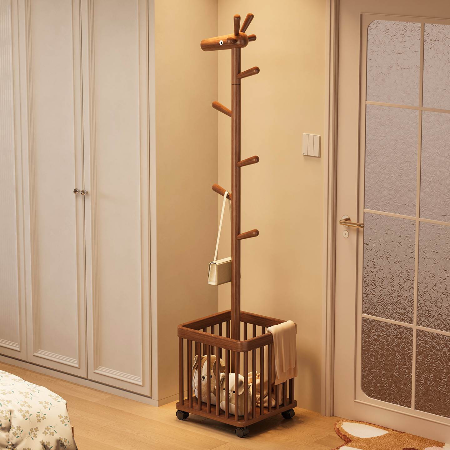 Solid Wood Clothes Hanger Storage Rack Coat Rack Floor-Standing Bedroom Household Removable Dirty Clothes Basket Space-Saving Clothes Hanger
