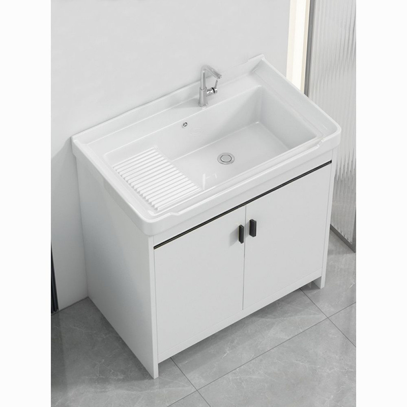 Ceramic Laundry Tub with Washboard Honeycomb Aluminum Laundry Cabinet Balcony Laundry Pool Floor Cabinet Outdoor Hand Washing Integrated Basin