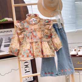 Ancorelala2025春秋季新款女童装时尚女宝碎花娃娃衫加牛仔裤套装