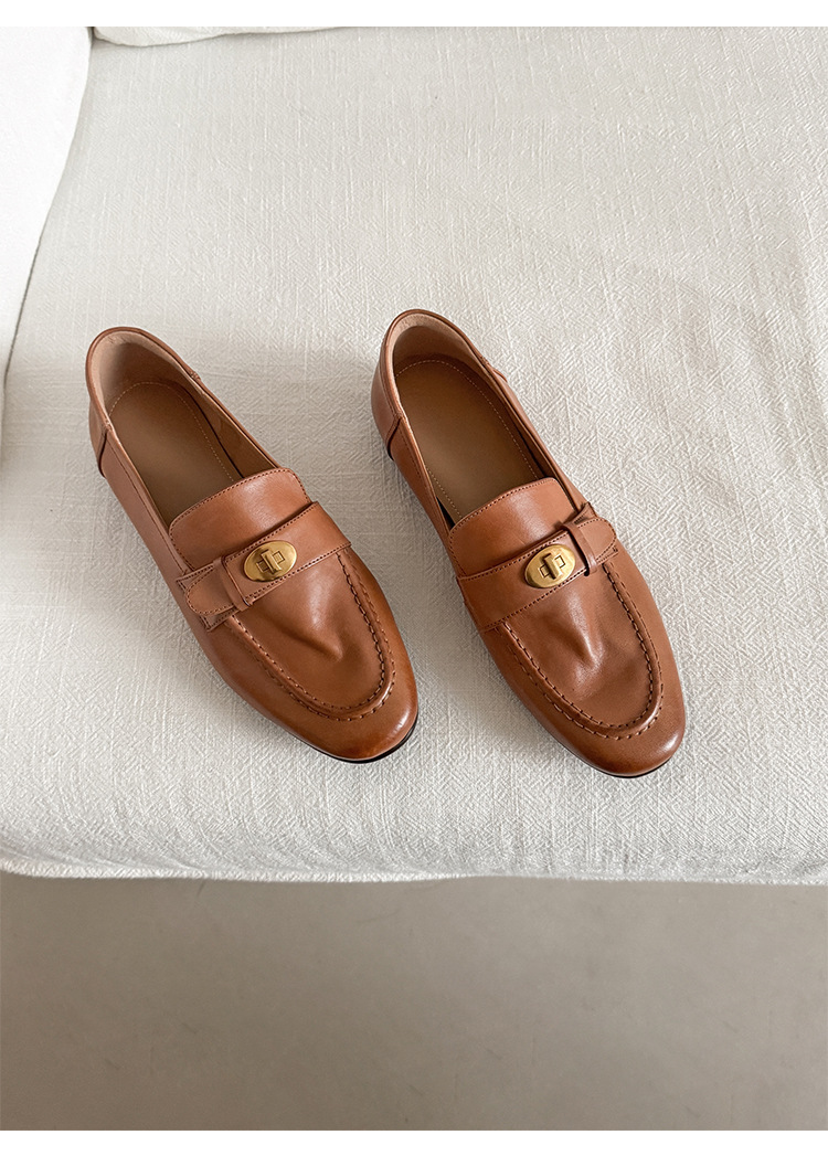 Giày loafer nữ da bò mũi sâu gót vuông thấp phong cách Anh Quốc — màu nâu chi tiết 22