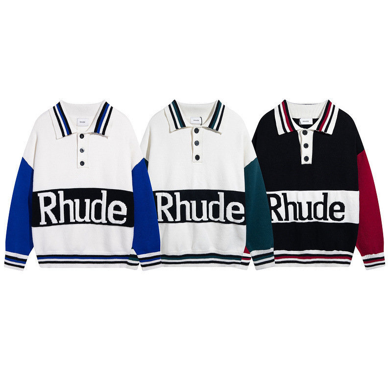 Cross-border European and American fashion brand RHUDE letter jacquard stitching contrast color lapel polo sweater men's and women's sweater coat