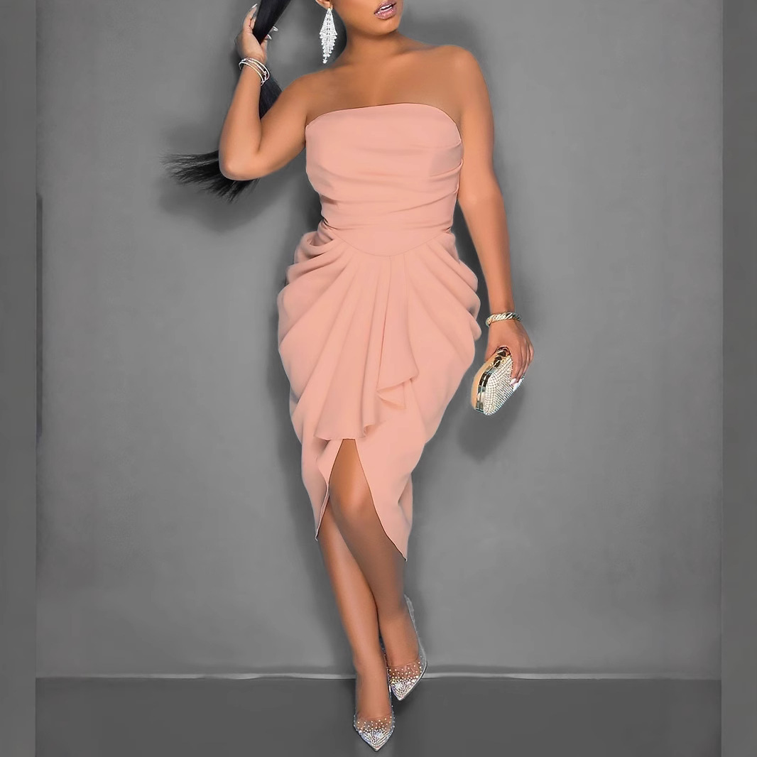 European and American Amazon Independent Site Popular Sexy Tube Top Off-Shoulder Dress Waist Slimming Solid Color Pleated Dress