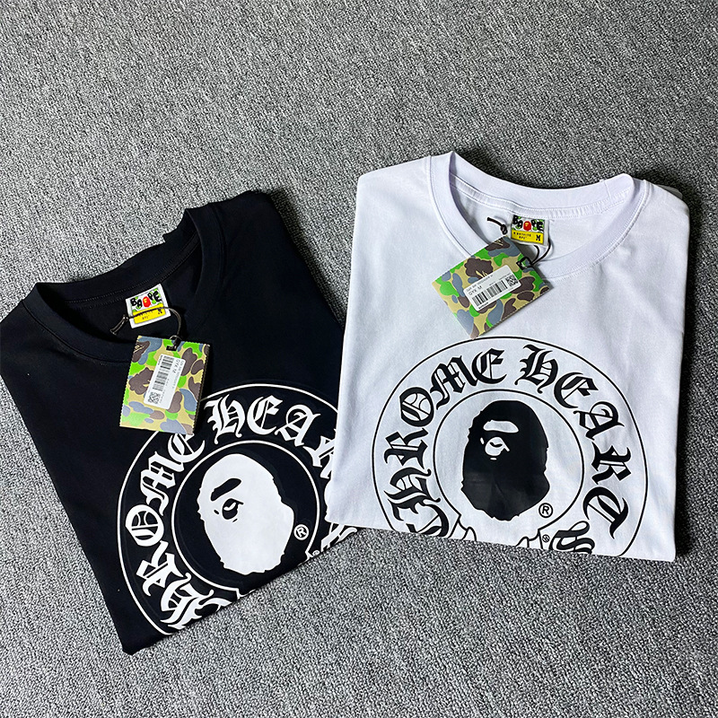 Long-Term Bape Cross-Border Export Short-Sleeved Cross Little Monkey Sanskrit Print Trendy Loose Round Neck for Men and Women