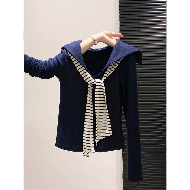 Clearance Sale Navy Blue Long-Sleeve T-Shirt with Striped Tie for Women, Slim Fit Top