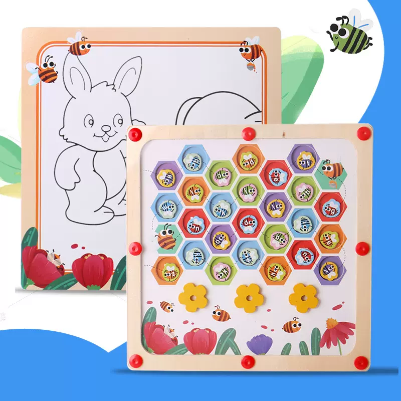 木质磁性双面画板儿童早教启蒙蜜蜂归巢字母配对认知控笔训练玩具