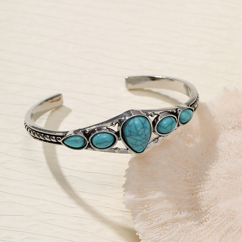 Europeo y americano bohemio retro turquesa abierto Ajustable pulsera tallada hueco forma geométrica pulsera