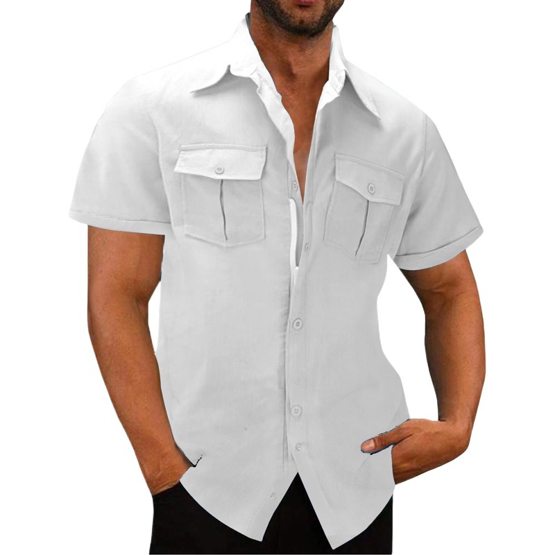 2023 amazon ebay aliexpress verano color sólido de manga corta de los hombres de algodón y lino de bolsillo de control de acceso cremallera ropa de trabajo camisa