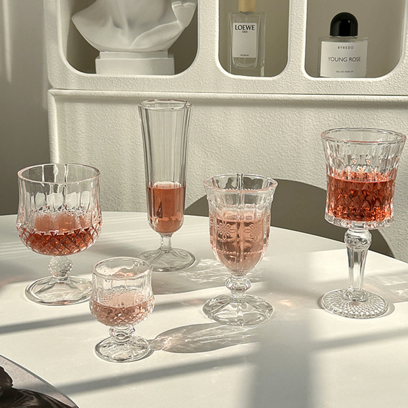 Tazas de vino de alta calidad, tazas de diamantes en relieve retro, tazas de vidrio, tazas de champán, tazas de jugo