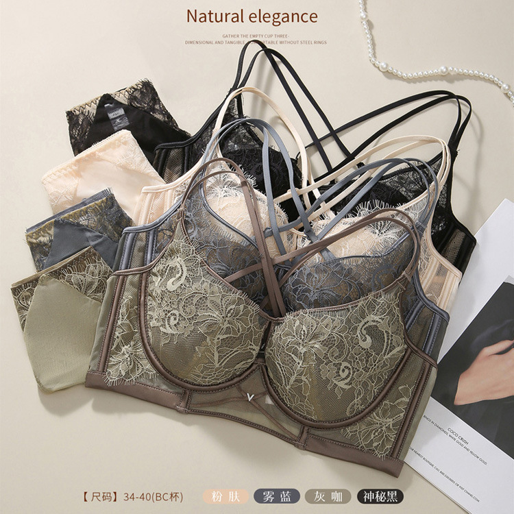 8738 Encaje de alta gama y pasado transpirable ropa interior hueca sexy pecho pequeño recogido sujetador de espalda hermoso anti-caída