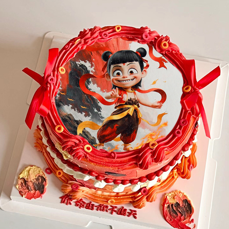 Internet Celebrated Animation Devil Boy Nezha Ao Bing Cake Decoration Creative Children's Birthday Cartoon Free Hand-painted Glutinous Rice Paper Ornaments
