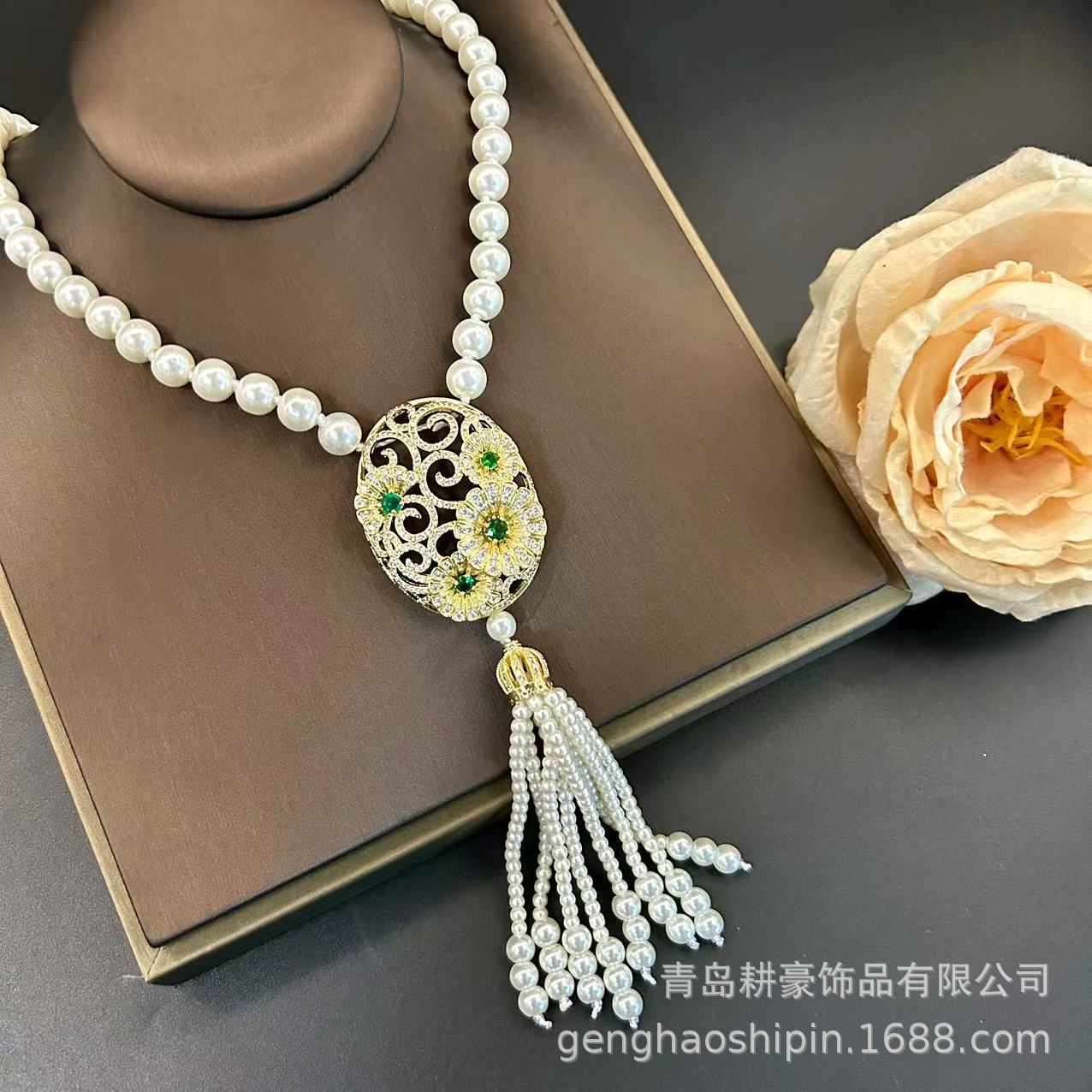 Qingdao Middle Ancient Chinese Style New Chinese Style Tassel Long Necklace Palace Hollow Carved Diamond Pearl Woolen Chain for Women