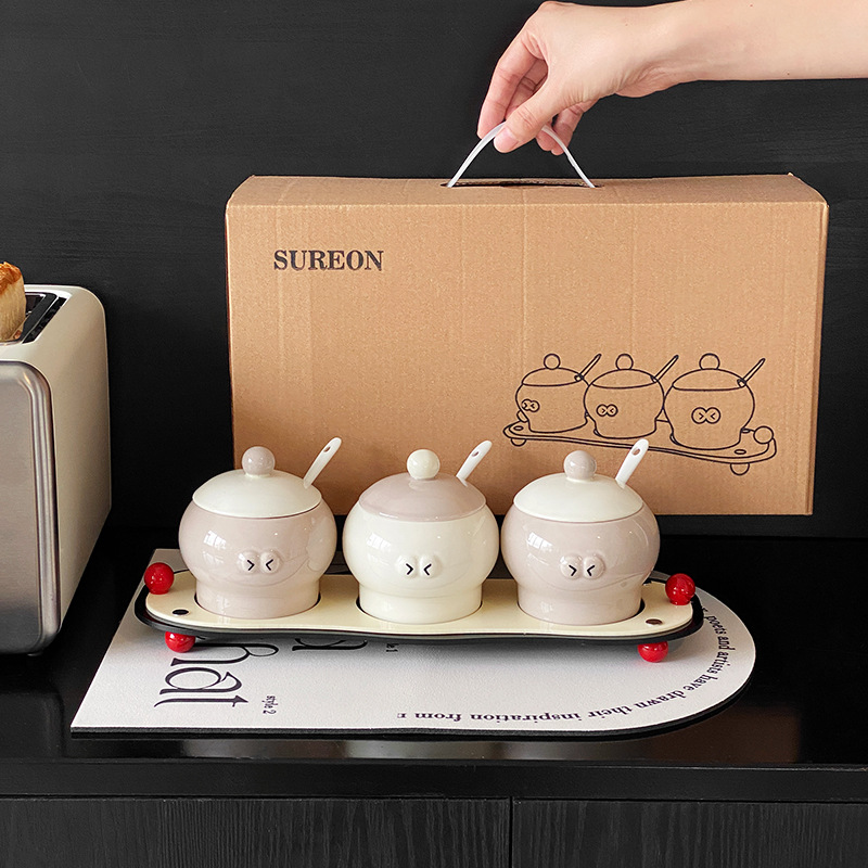 Nueva caja de condimentos de viento de crema de sal de cocina doméstica condimentos de condimento caja de almacenamiento conjunto de condimentos de cerámica