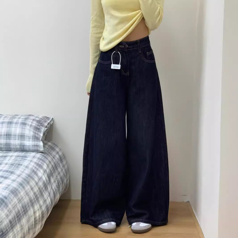 【韩牛】美式复古牛仔裤秋冬新款深蓝色阔腿高腰宽松拖地垂感长裤|undefined