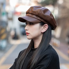 ベレー帽pu皮質八角帽女性文芸復古皮帽春秋新聞童帽英倫百合鴨舌画家帽