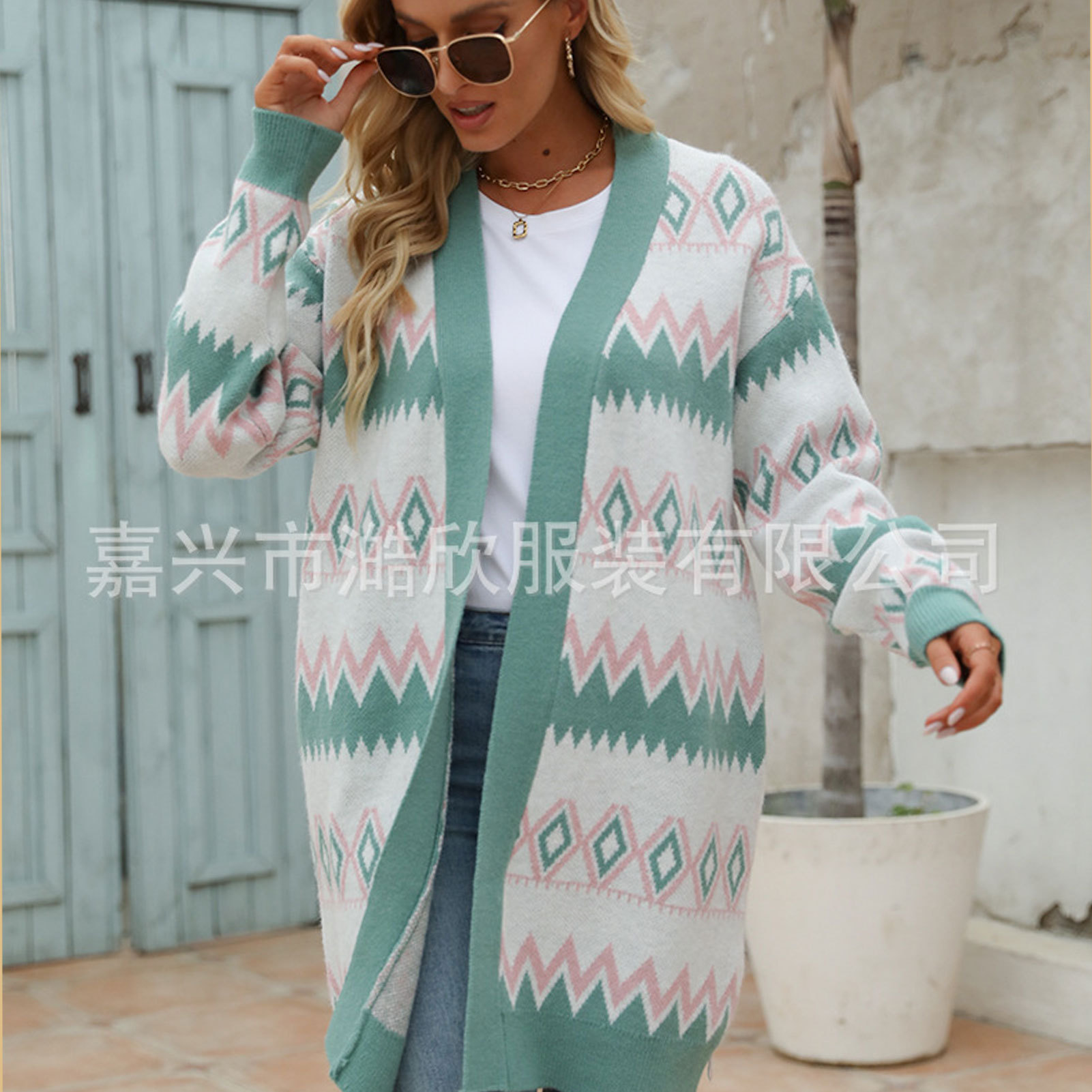 Amazon autumn and winter foreign trade sweater mid-length knitted jacket rhombus color-blocked cardigan loose European and American knitted top