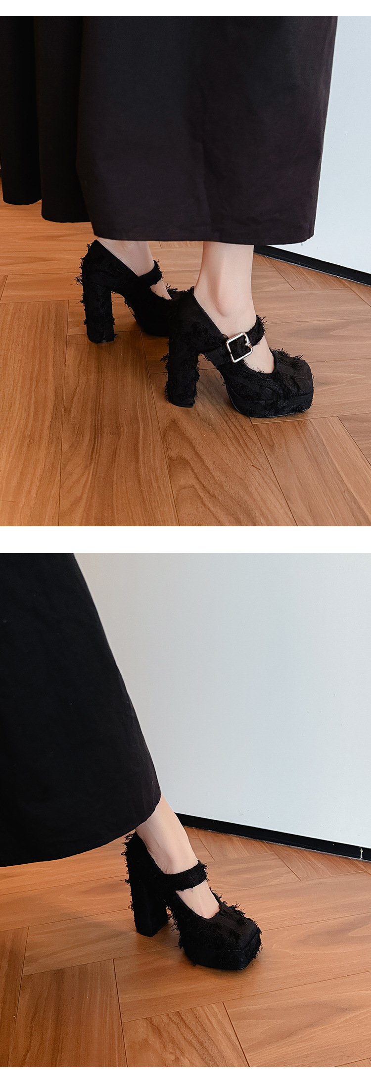 Giày cao gót nữ mũi vuông phong cách Mary Jane đế xuồng platform gót 12 cm — Xanh lá cây nhạtcolor, màu đen, màu trắng ngà chi tiết 14