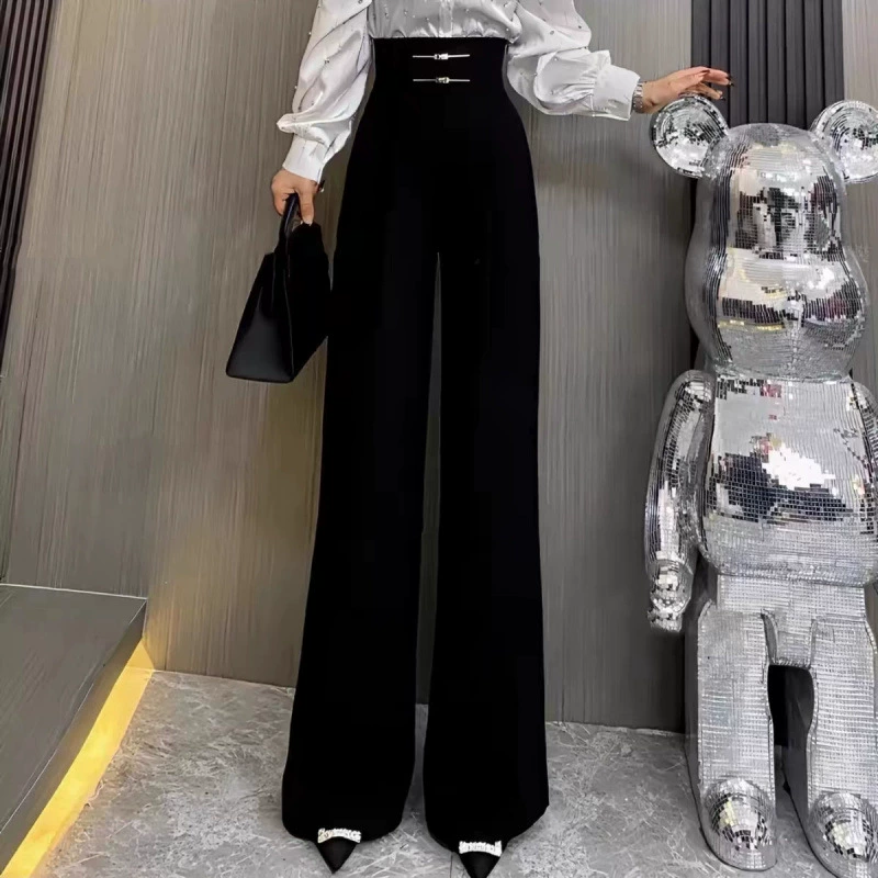 Черный костюм в китайском стиле, широкие брюки для женщин, весна и лето, прямые плиссированные свободные повседневные длинные брюки с высокой талией и пуговицами.