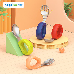 Fruit Baby Stainless Steel Round Handle Fork Spoon Package Training Supplementary Food Spoon Children's Tableware Silicone Short Handle Long Fork Spoon