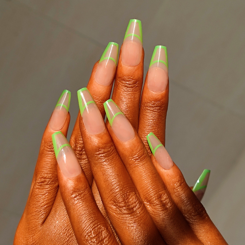 European and American Style Black Nail Art Long Fluorescent Green French Street Wear Armor Removable Finished Fake Nail Patch