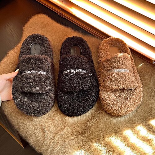 Thick-soled letter lamb fur slippers for women's outer wear  new autumn and winter Internet celebrity women's plus velvet casual cotton half slippers