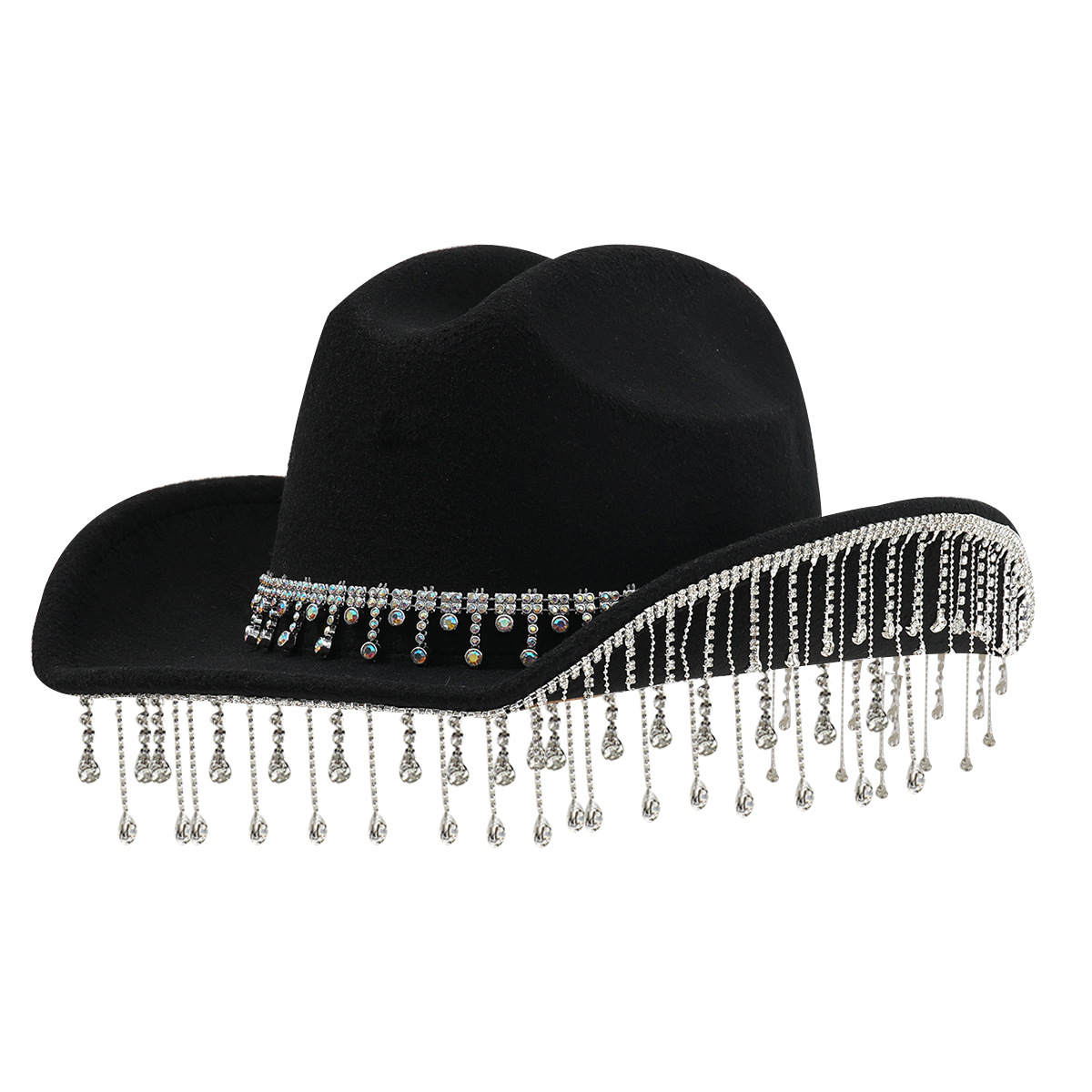 Cappello da cowboy western neutro unisex da donna con catena media Drop Jewel e nappa di strass, cappello a cilindro da sposa_voghion.com
