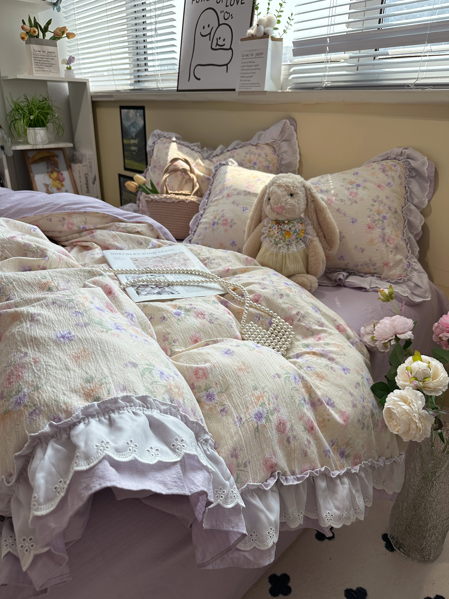 Ensemble quatre pièces en pur coton, style bohème vintage français nordique, housse de couette et drap-housse bordés de dentelle, trois pièces._voghion.com