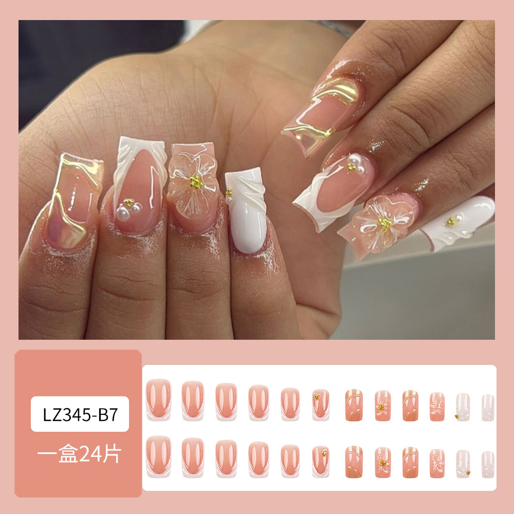 Ventas transfronterizas en caliente 3D flor manicure polvo desnudo punto de perla perforado estilo francés 24 piezas de parche de uñas
