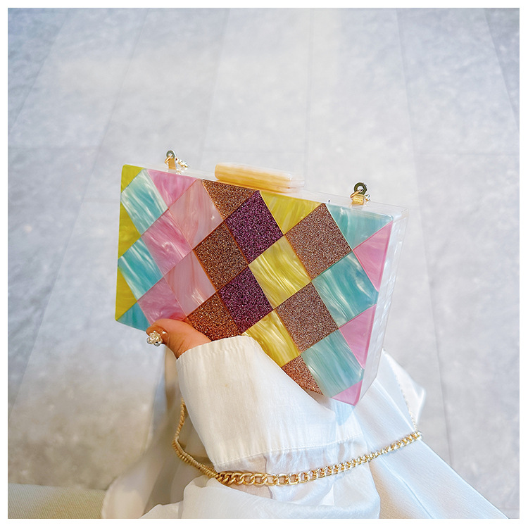 New cross-border foreign trade women's checkered acrylic bag, dinner bag, single-shoulder crossbody wedding and banquet clutch bag undefined