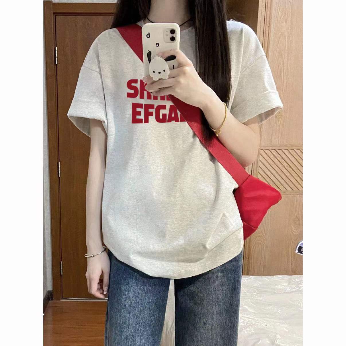100%纯棉短袖t恤女夏季宽松休闲百搭圆领慵懒风情侣印花体恤衫男