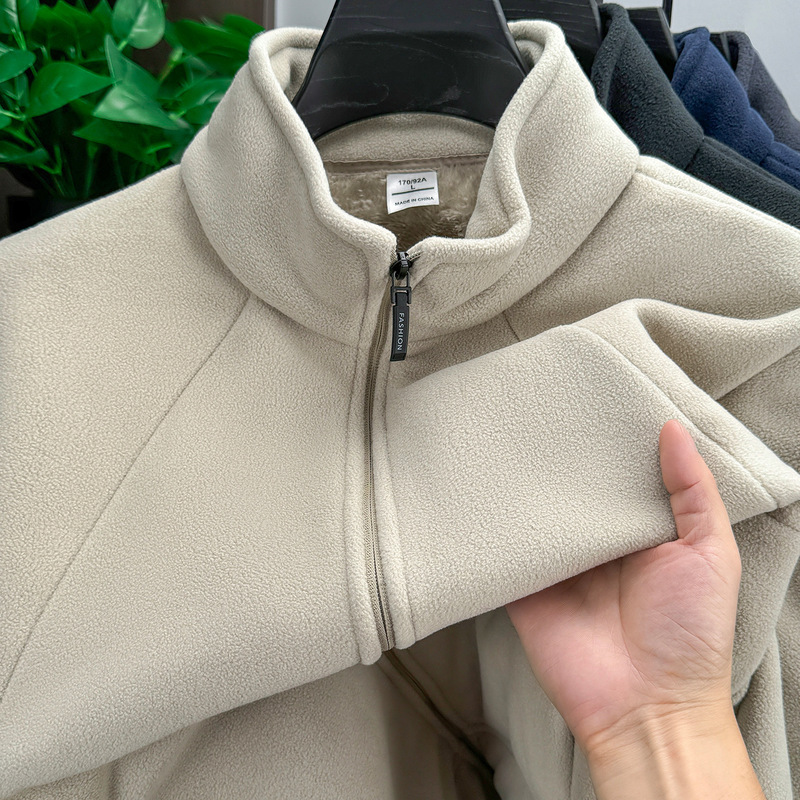 Cross-border men's double-sided fleece jacket, solid color, thickened for warmth, stand-up collar, fashionable and casual, skin-friendly sweatshirt Cross-border men's double-sided fleece jacket, solid color, thickened for warmth, stand-up collar, fashionable and casual, skin-friendly sweatshirt